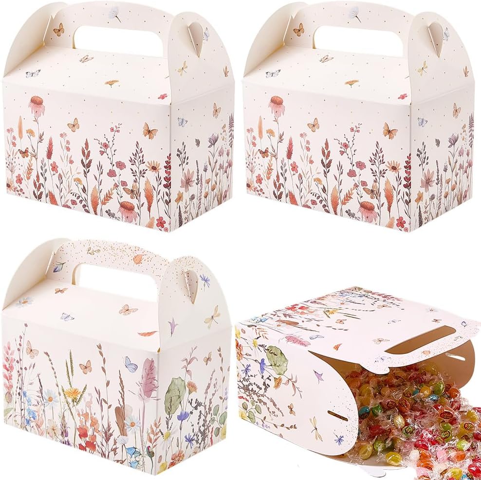 CRASPIRE 12Pcs 2 Styles Wildflower Paper Gift Boxes Flower Floral Party Favor Gable Boxes 6.3 x 6.3 x 3.7inch Candy Gift Wrapping with Handles for Tea Treat Bridal Wedding Family Dinner Birthday Party
