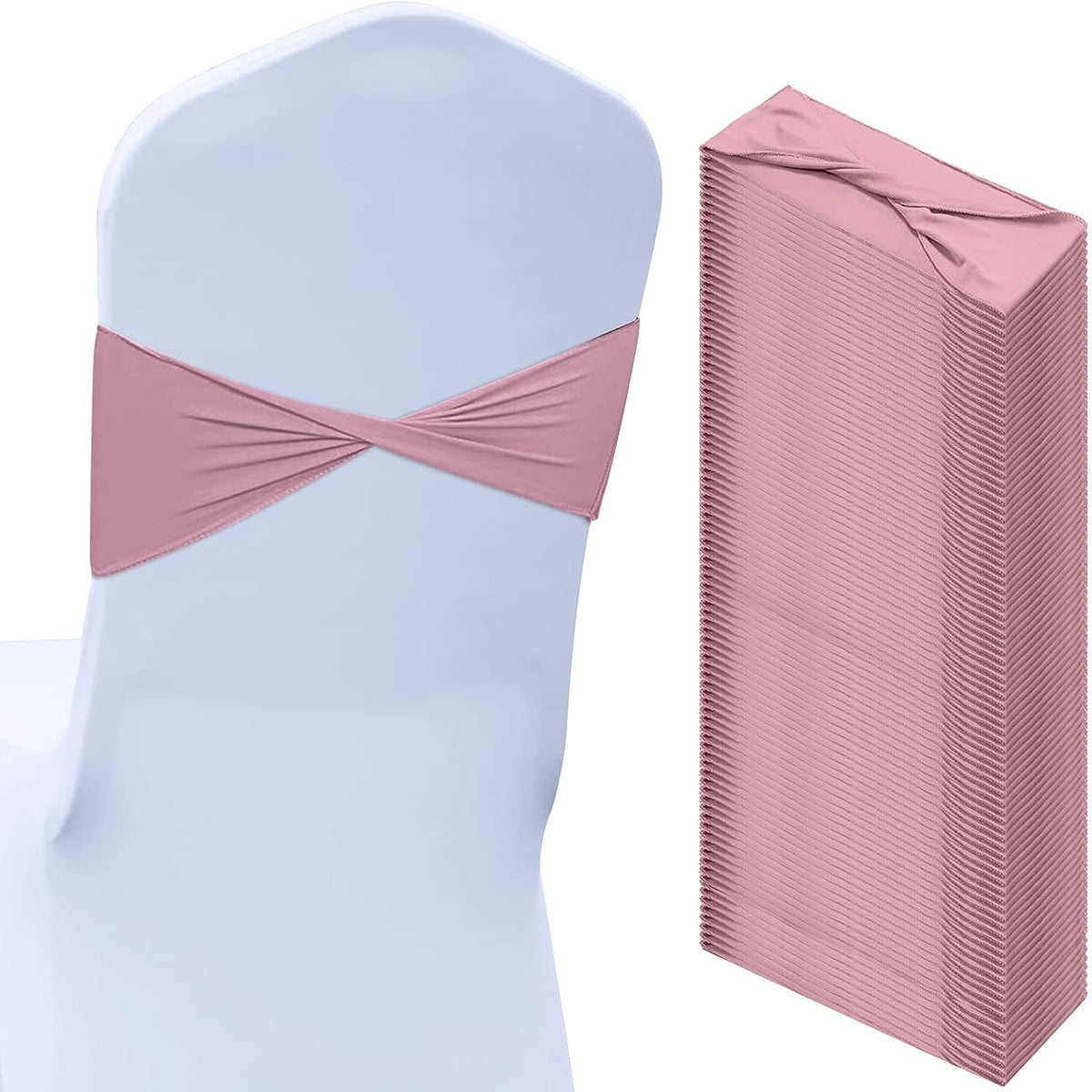 50Pcs Spandex Chair Sashes Bow Chair Band Slider Sash Cover, Dusty Pink