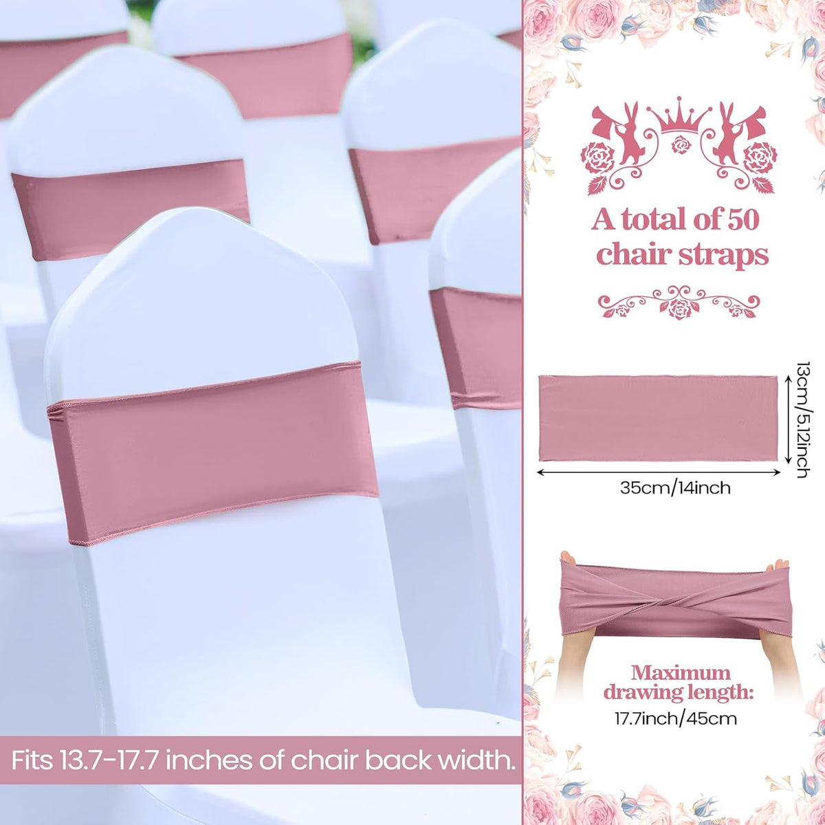 50Pcs Spandex Chair Sashes Bow Chair Band Slider Sash Cover, Dusty Pink