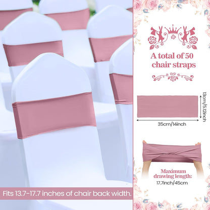 50Pcs Spandex Chair Sashes Bow Chair Band Slider Sash Cover, Dusty Pink