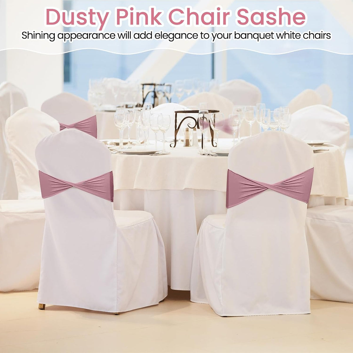 50Pcs Spandex Chair Sashes Bow Chair Band Slider Sash Cover, Dusty Pink