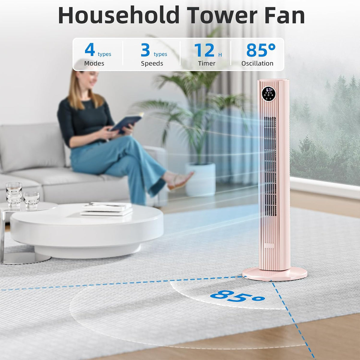 Tower Fan Portable Floor Fans 85°Oscillating Fan Quiet Cooling 12H Timer Remote Control Standing Bladeless Electric 3 Wind Speeds 4 Modes Bedroom Office,36 inch, Pink