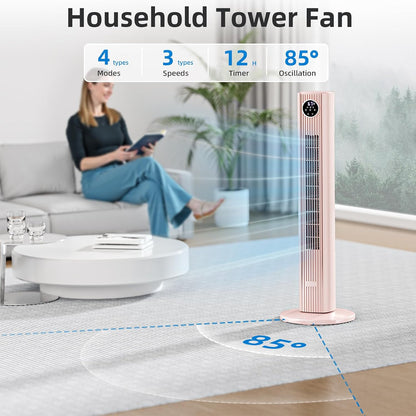 Tower Fan Portable Floor Fans 85°Oscillating Fan Quiet Cooling 12H Timer Remote Control Standing Bladeless Electric 3 Wind Speeds 4 Modes Bedroom Office,36 inch, Pink