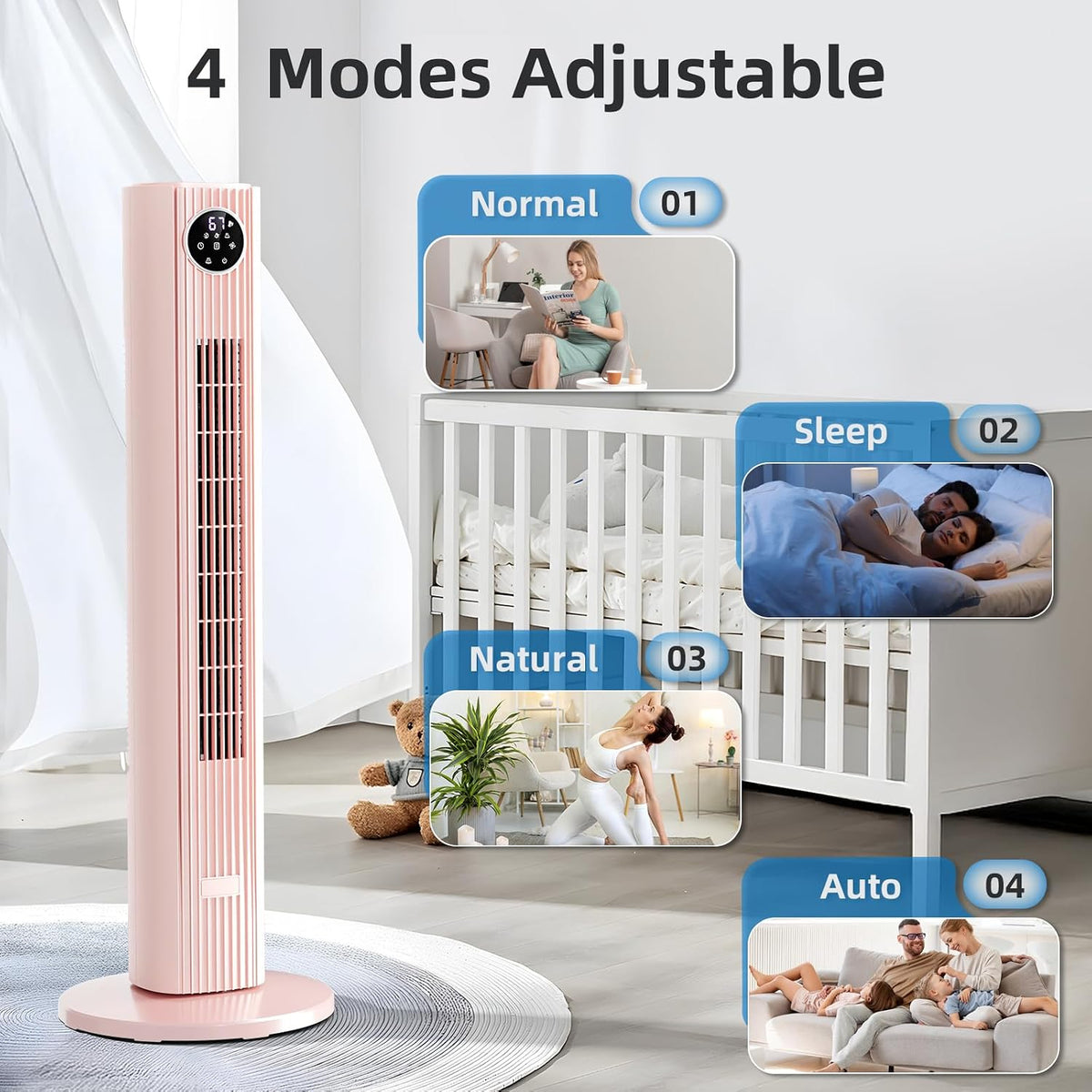 Tower Fan Portable Floor Fans 85°Oscillating Fan Quiet Cooling 12H Timer Remote Control Standing Bladeless Electric 3 Wind Speeds 4 Modes Bedroom Office,36 inch, Pink