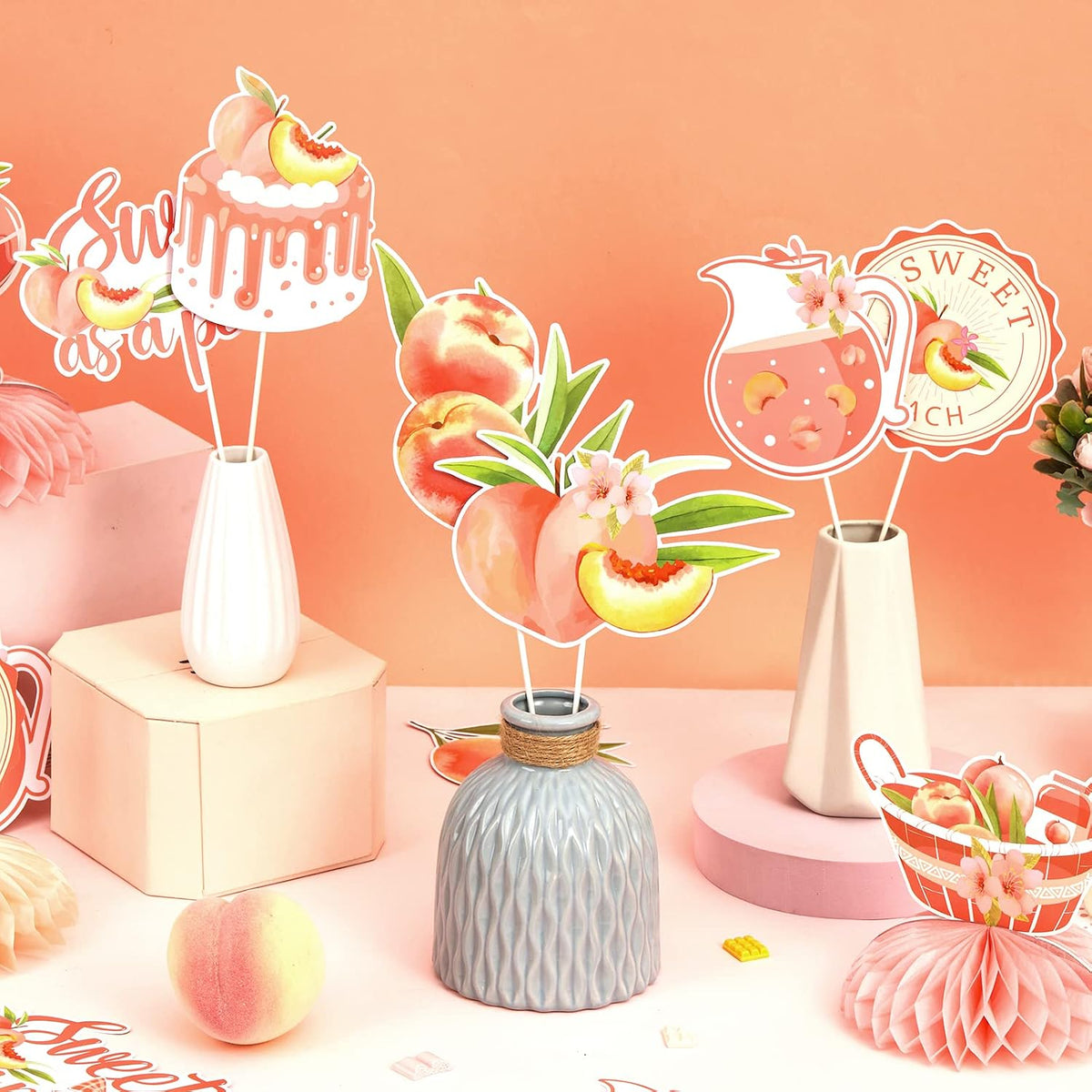 Peach Baby Shower Decorations, 24pcs Sweet As a Peach Table Centerpiece Sticks Double-Sided Printing for Fruits Baby Shower Birthday Party Wedding Table Supplies