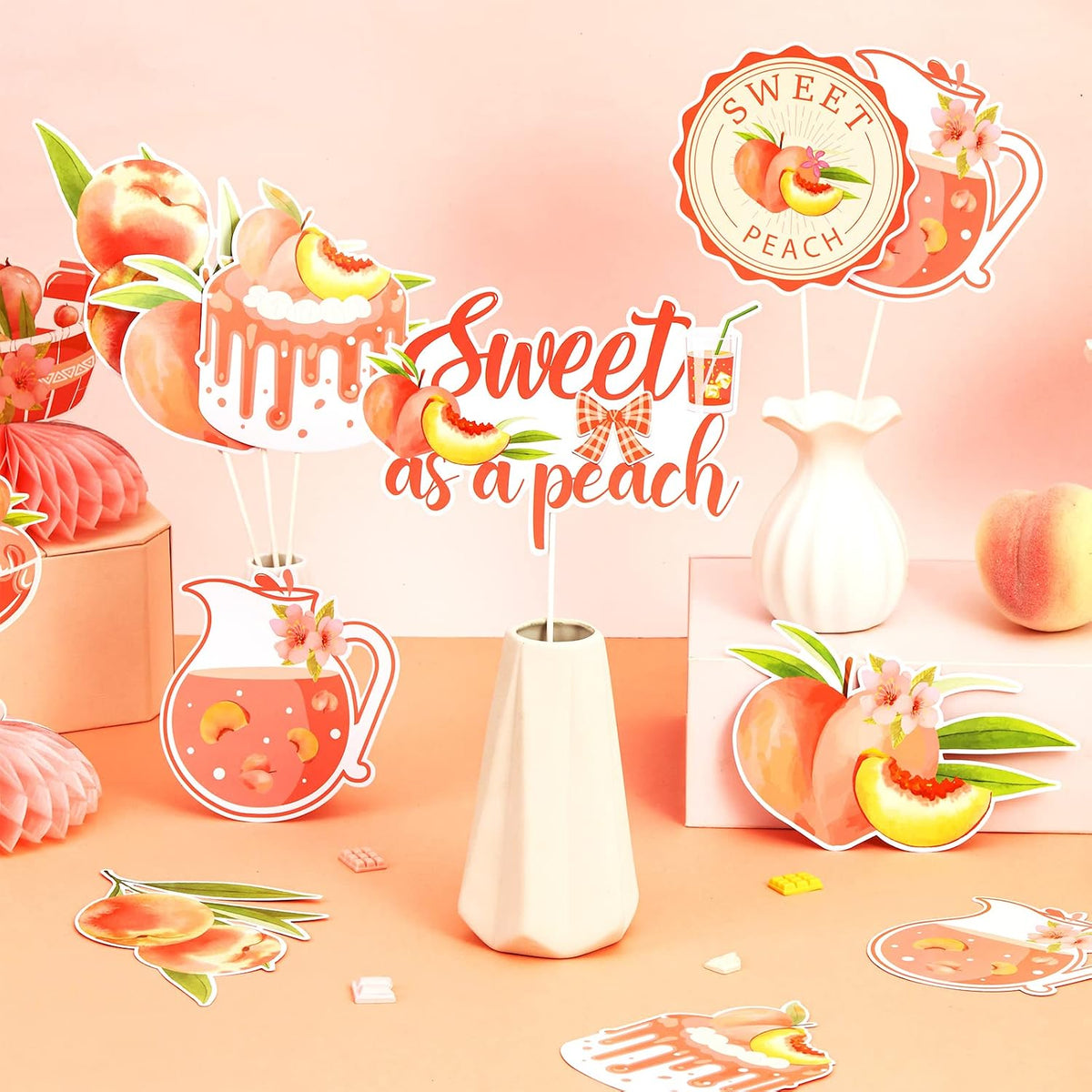 Peach Baby Shower Decorations, 24pcs Sweet As a Peach Table Centerpiece Sticks Double-Sided Printing for Fruits Baby Shower Birthday Party Wedding Table Supplies