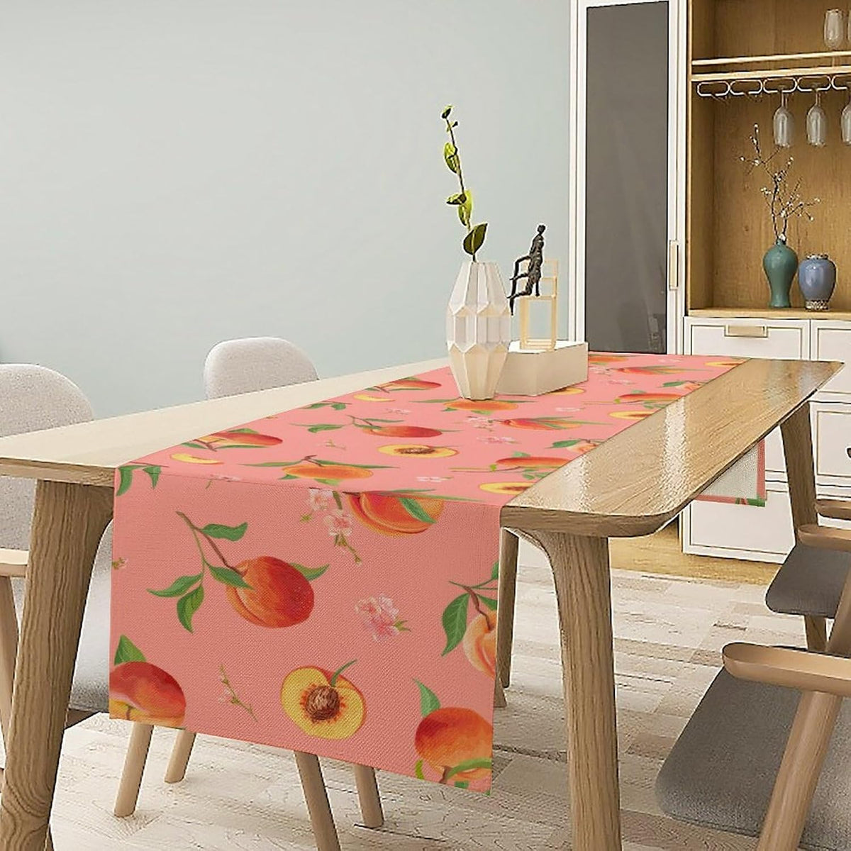 Pink Cute Peach Table Runner, Colorful Summer Fruit Floral Table Runner for Kitchen Dining Party Holiday Home 13x36in