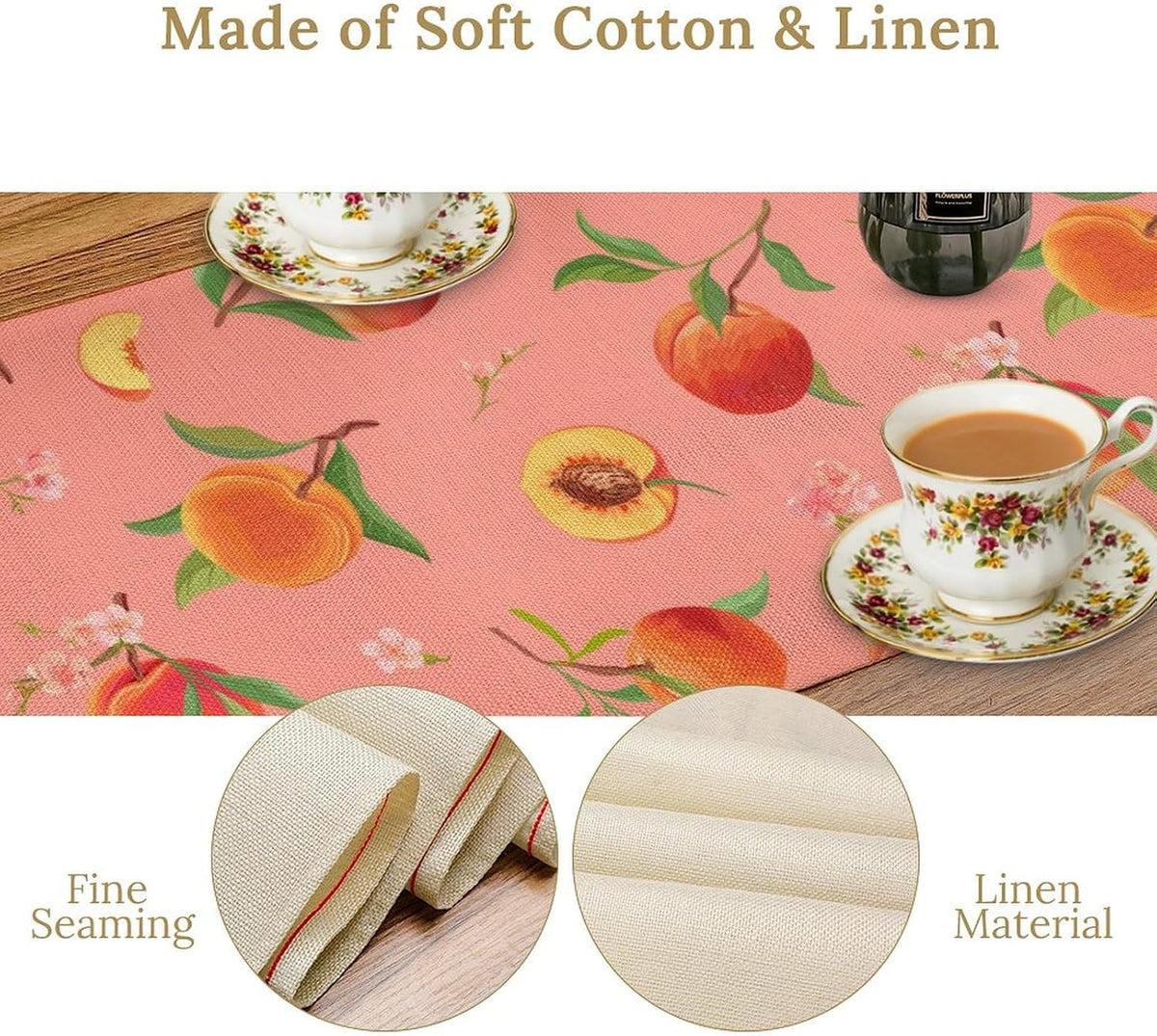 Pink Cute Peach Table Runner, Colorful Summer Fruit Floral Table Runner for Kitchen Dining Party Holiday Home 13x36in