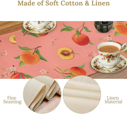 Pink Cute Peach Table Runner, Colorful Summer Fruit Floral Table Runner for Kitchen Dining Party Holiday Home 13x36in