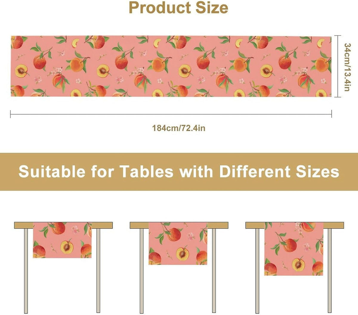 Pink Cute Peach Table Runner, Colorful Summer Fruit Floral Table Runner for Kitchen Dining Party Holiday Home 13x36in
