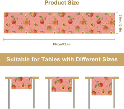 Pink Cute Peach Table Runner, Colorful Summer Fruit Floral Table Runner for Kitchen Dining Party Holiday Home 13x36in