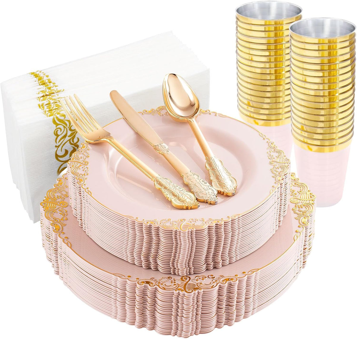 175pcs Pink Plastic Plates - Pink and Gold Disposable Plates sets