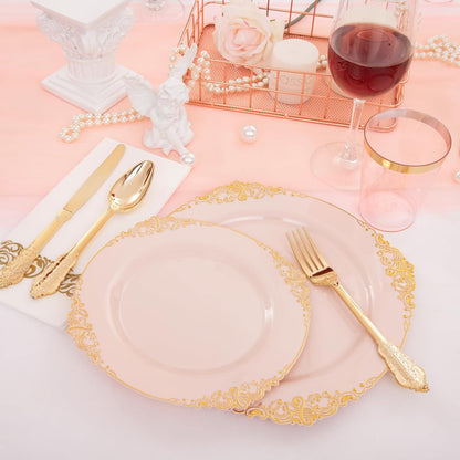 175pcs Pink Plastic Plates - Pink and Gold Disposable Plates sets