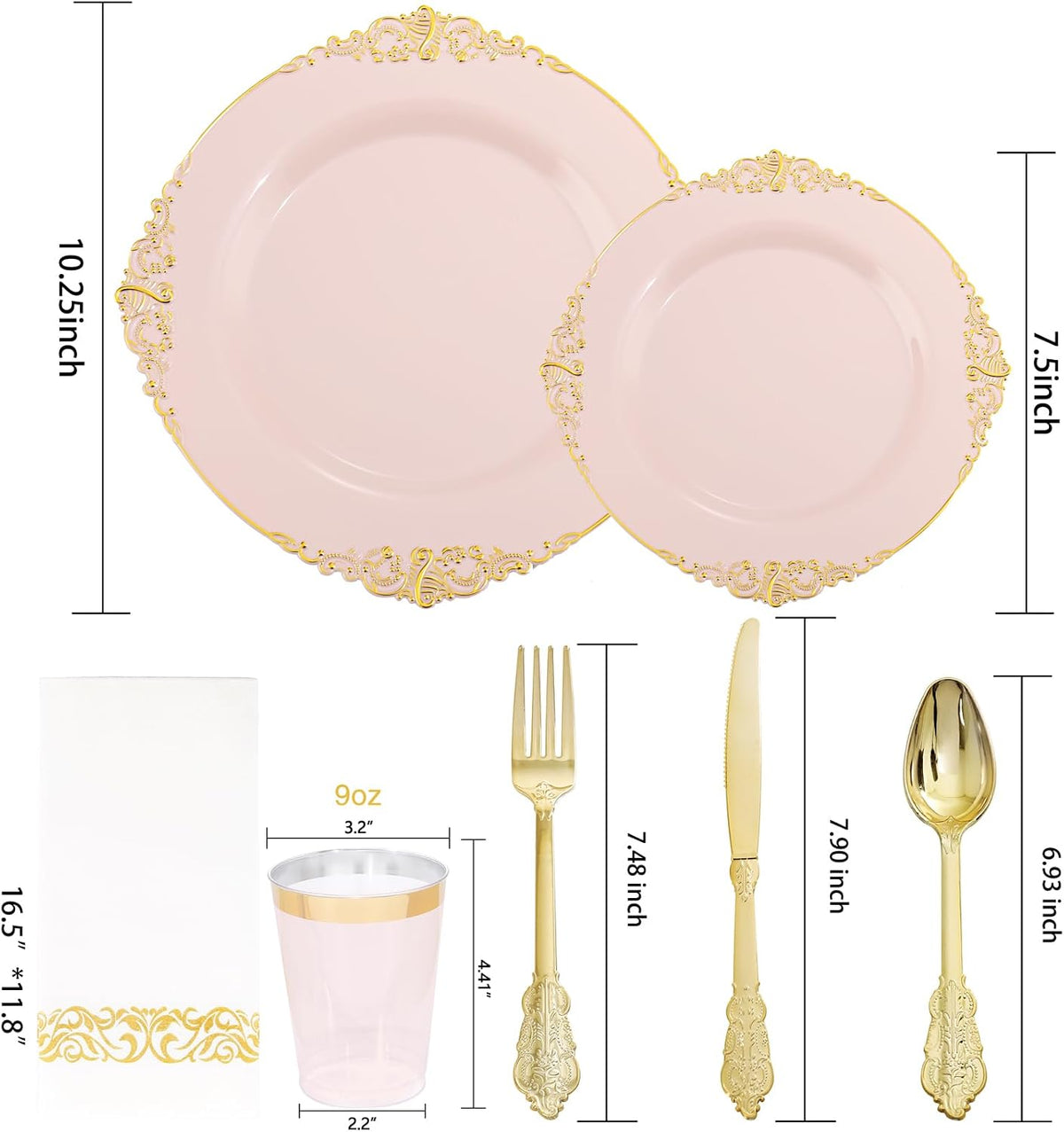 175pcs Pink Plastic Plates - Pink and Gold Disposable Plates sets