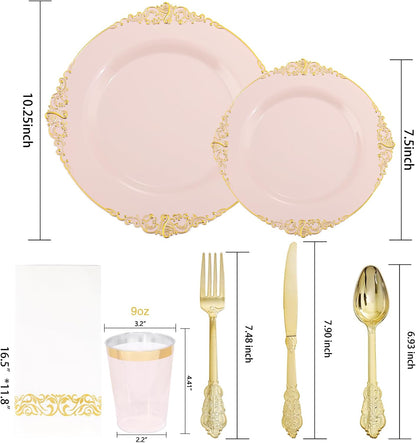 175pcs Pink Plastic Plates - Pink and Gold Disposable Plates sets