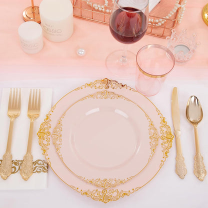 175pcs Pink Plastic Plates - Pink and Gold Disposable Plates sets