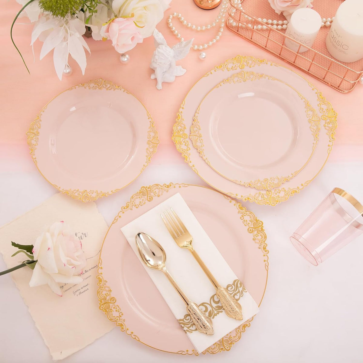 175pcs Pink Plastic Plates - Pink and Gold Disposable Plates sets