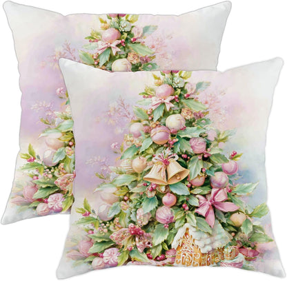 Christmas Tree Throw Pillow Covers, Festive Traditional Ornaments Flowers Xmas Peach Soft Velvet Washable Cover Decorative Pillows for Living Room Bed Office Sofa Chair Decor 20x20 Inch