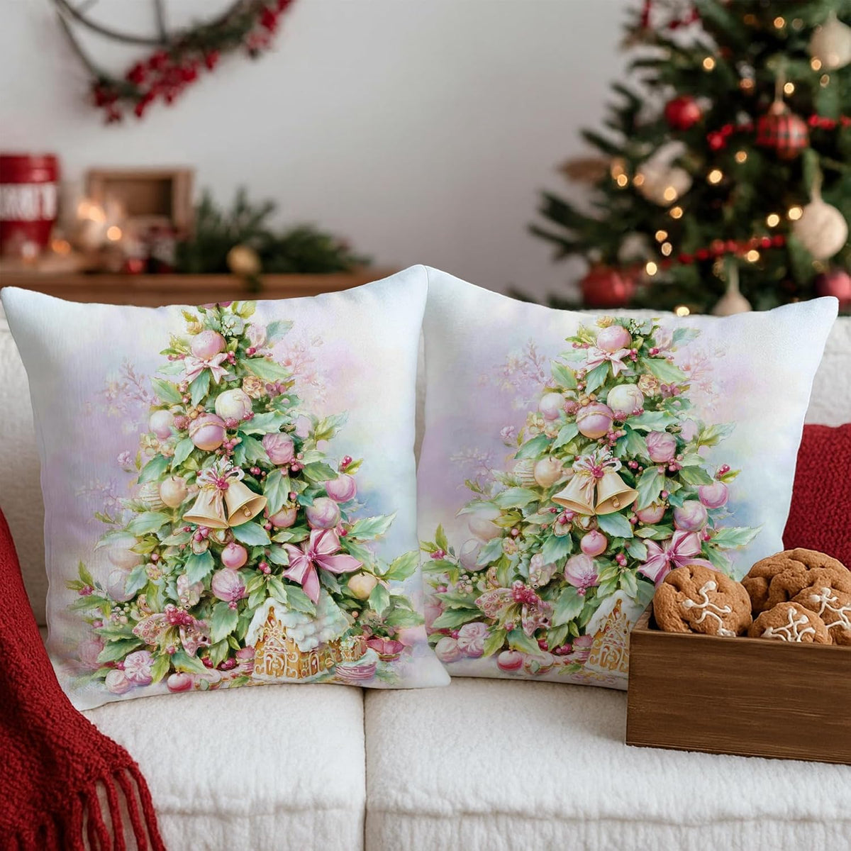 Christmas Tree Throw Pillow Covers, Festive Traditional Ornaments Flowers Xmas Peach Soft Velvet Washable Cover Decorative Pillows for Living Room Bed Office Sofa Chair Decor 20x20 Inch