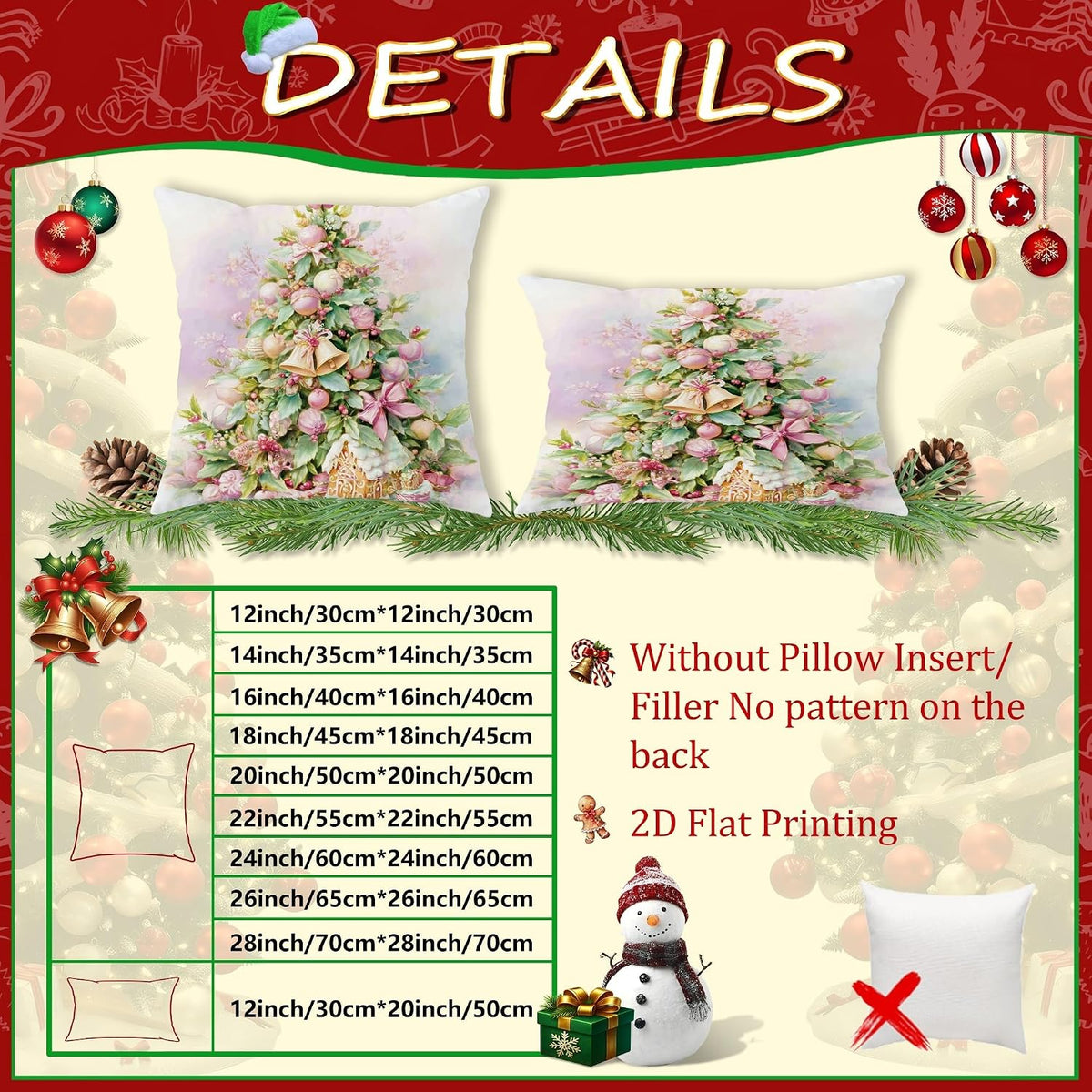 Christmas Tree Throw Pillow Covers, Festive Traditional Ornaments Flowers Xmas Peach Soft Velvet Washable Cover Decorative Pillows for Living Room Bed Office Sofa Chair Decor 20x20 Inch
