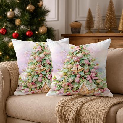 Christmas Tree Throw Pillow Covers, Festive Traditional Ornaments Flowers Xmas Peach Soft Velvet Washable Cover Decorative Pillows for Living Room Bed Office Sofa Chair Decor 20x20 Inch
