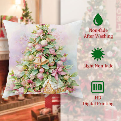 Christmas Tree Throw Pillow Covers, Festive Traditional Ornaments Flowers Xmas Peach Soft Velvet Washable Cover Decorative Pillows for Living Room Bed Office Sofa Chair Decor 20x20 Inch