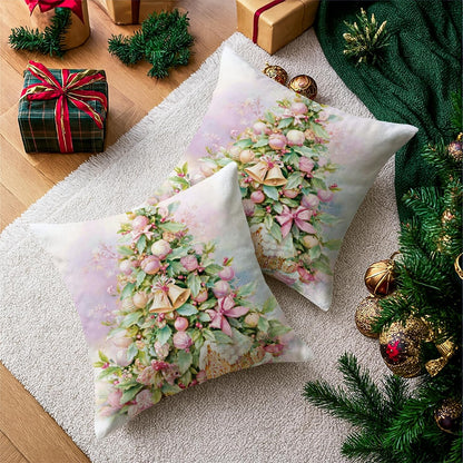 Christmas Tree Throw Pillow Covers, Festive Traditional Ornaments Flowers Xmas Peach Soft Velvet Washable Cover Decorative Pillows for Living Room Bed Office Sofa Chair Decor 20x20 Inch