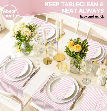 50 Pieces Light Pink Striped Napkins 3-Ply Pink and White Striped Dinner Napkins Disposable Hand Towels for Bathroom Birthday Baby Shower Wedding Thanksgiving Party Paper Napkins