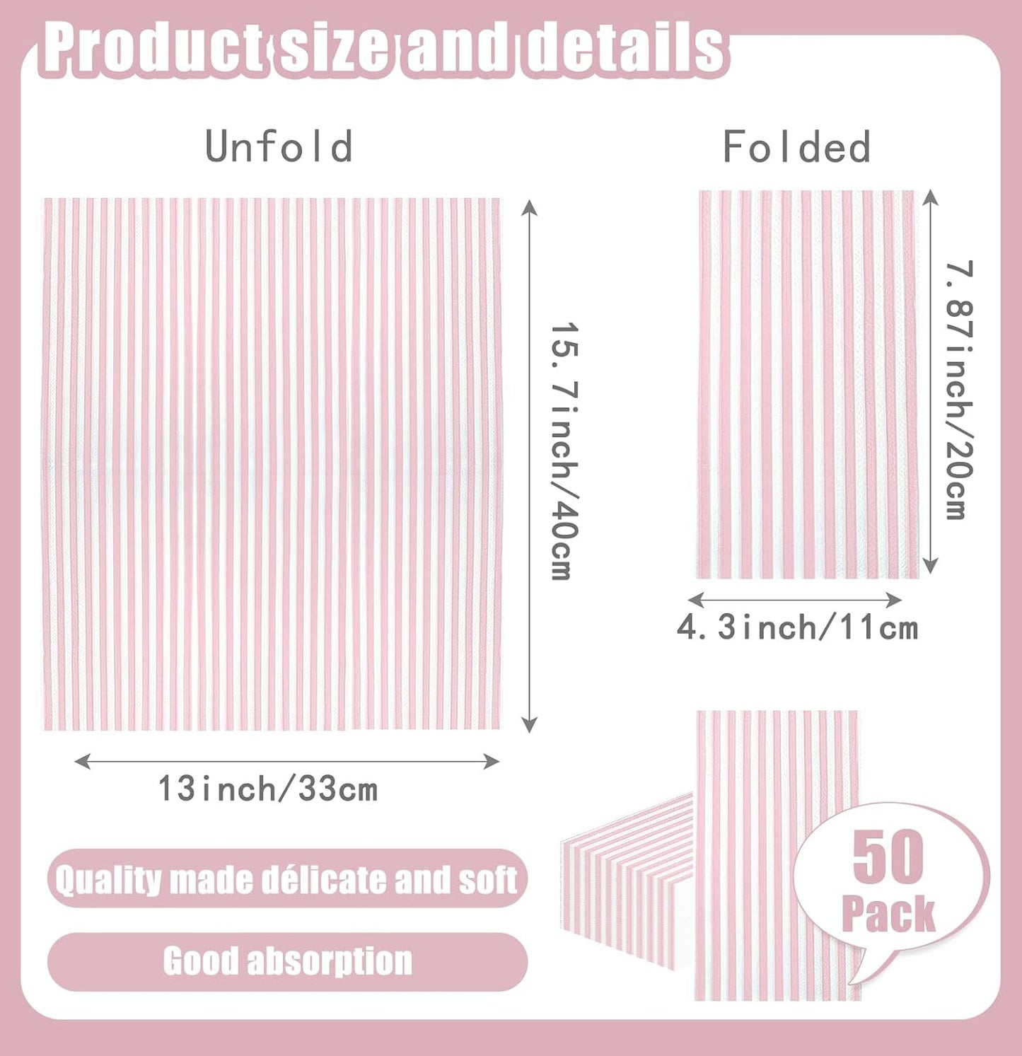 50 Pieces Light Pink Striped Napkins 3-Ply Pink and White Striped Dinner Napkins Disposable Hand Towels for Bathroom Birthday Baby Shower Wedding Thanksgiving Party Paper Napkins