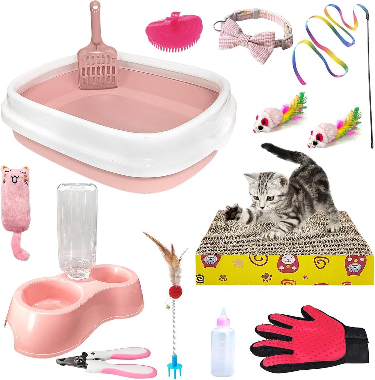 Kitten Starter Kit, 15-Piece Cat Essentials Set Includes Litter Box, Toys, Collars, Scratch Pad, Nail File, Automatic Feed Bowls, Grooming Gloves (Pink)