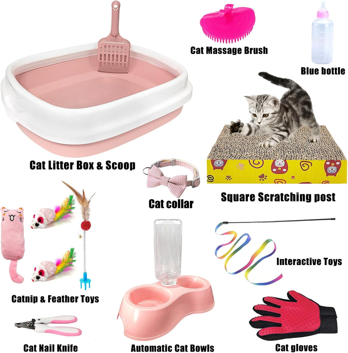 Kitten Starter Kit, 15-Piece Cat Essentials Set Includes Litter Box, Toys, Collars, Scratch Pad, Nail File, Automatic Feed Bowls, Grooming Gloves (Pink)