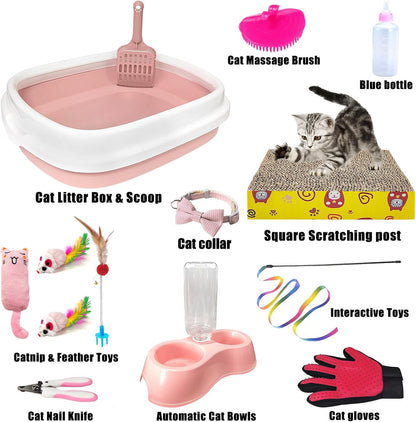 Kitten Starter Kit, 15-Piece Cat Essentials Set Includes Litter Box, Toys, Collars, Scratch Pad, Nail File, Automatic Feed Bowls, Grooming Gloves (Pink)