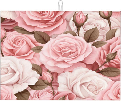 Dish Drying Mat Pink Rose Floral Flower Absorbent Dish Drying Mats for Kitchen Counter Non Slip Dish Drainer Mat Drying Mat, 18x24 in
