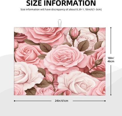 Dish Drying Mat Pink Rose Floral Flower Absorbent Dish Drying Mats for Kitchen Counter Non Slip Dish Drainer Mat Drying Mat, 18x24 in