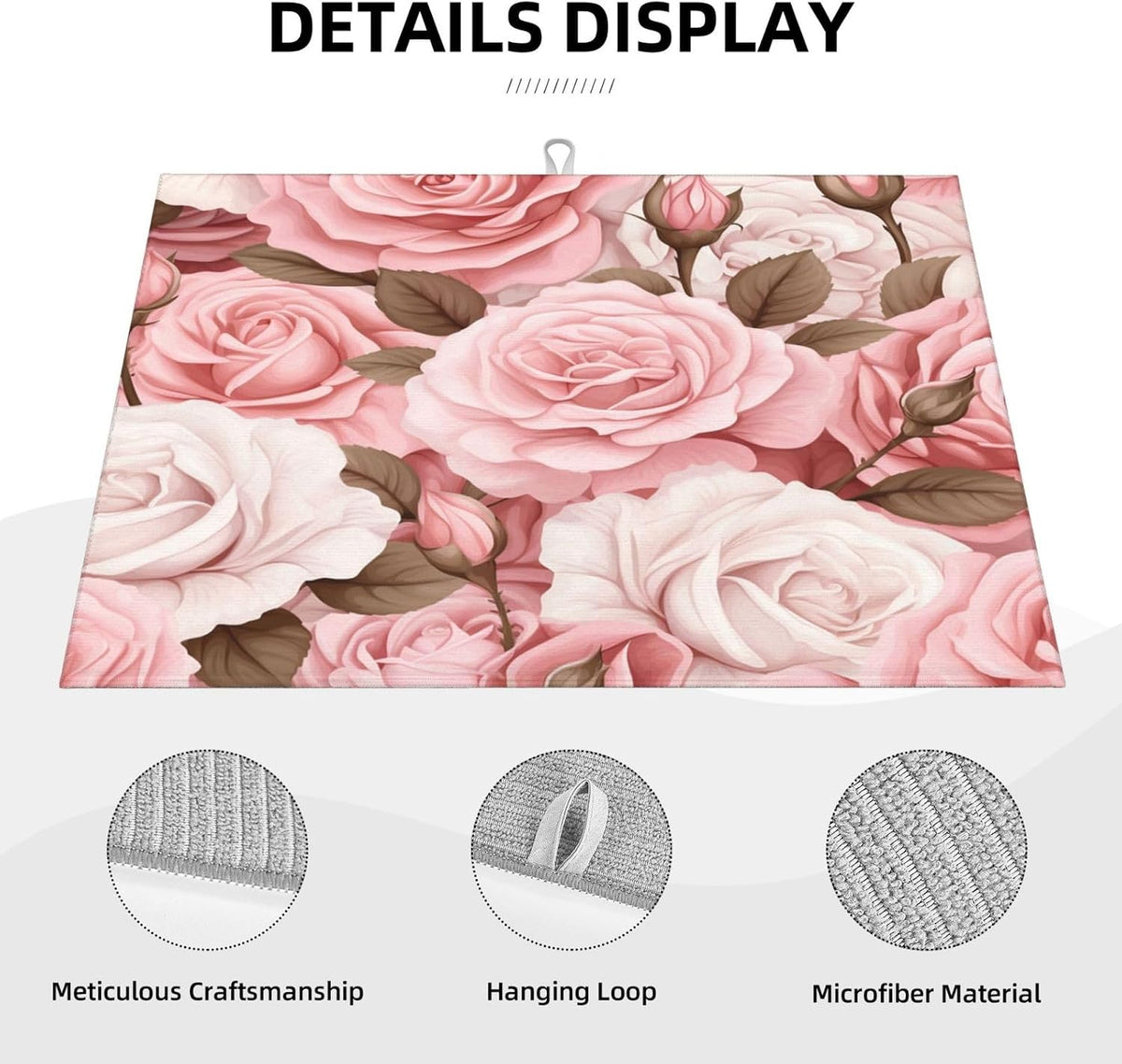 Dish Drying Mat Pink Rose Floral Flower Absorbent Dish Drying Mats for Kitchen Counter Non Slip Dish Drainer Mat Drying Mat, 18x24 in