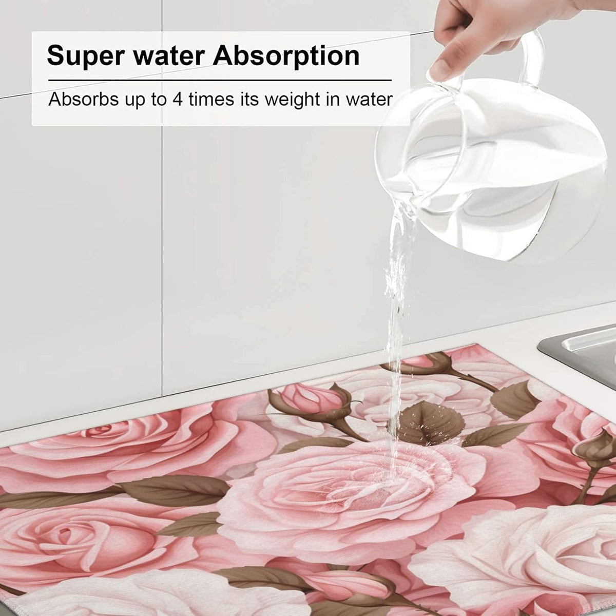 Dish Drying Mat Pink Rose Floral Flower Absorbent Dish Drying Mats for Kitchen Counter Non Slip Dish Drainer Mat Drying Mat, 18x24 in