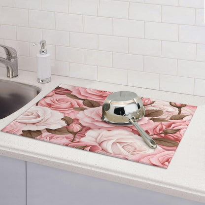 Dish Drying Mat Pink Rose Floral Flower Absorbent Dish Drying Mats for Kitchen Counter Non Slip Dish Drainer Mat Drying Mat, 18x24 in