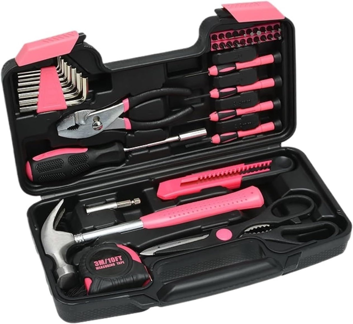 39 Piece General Household Tool Set in Toolbox Storage Case with Essential Hand Tools for Home Repairs(Pink)