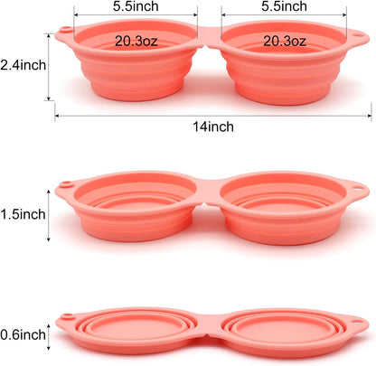 Collapsible Dog Bowls,Integrated Molding Dog Double Bowl No Plastic Rim 2 in 1 Foldable Pet Food & Water Bowl Cat Feeder Dish for Walking,Hiking,Camping (Coral Pink)