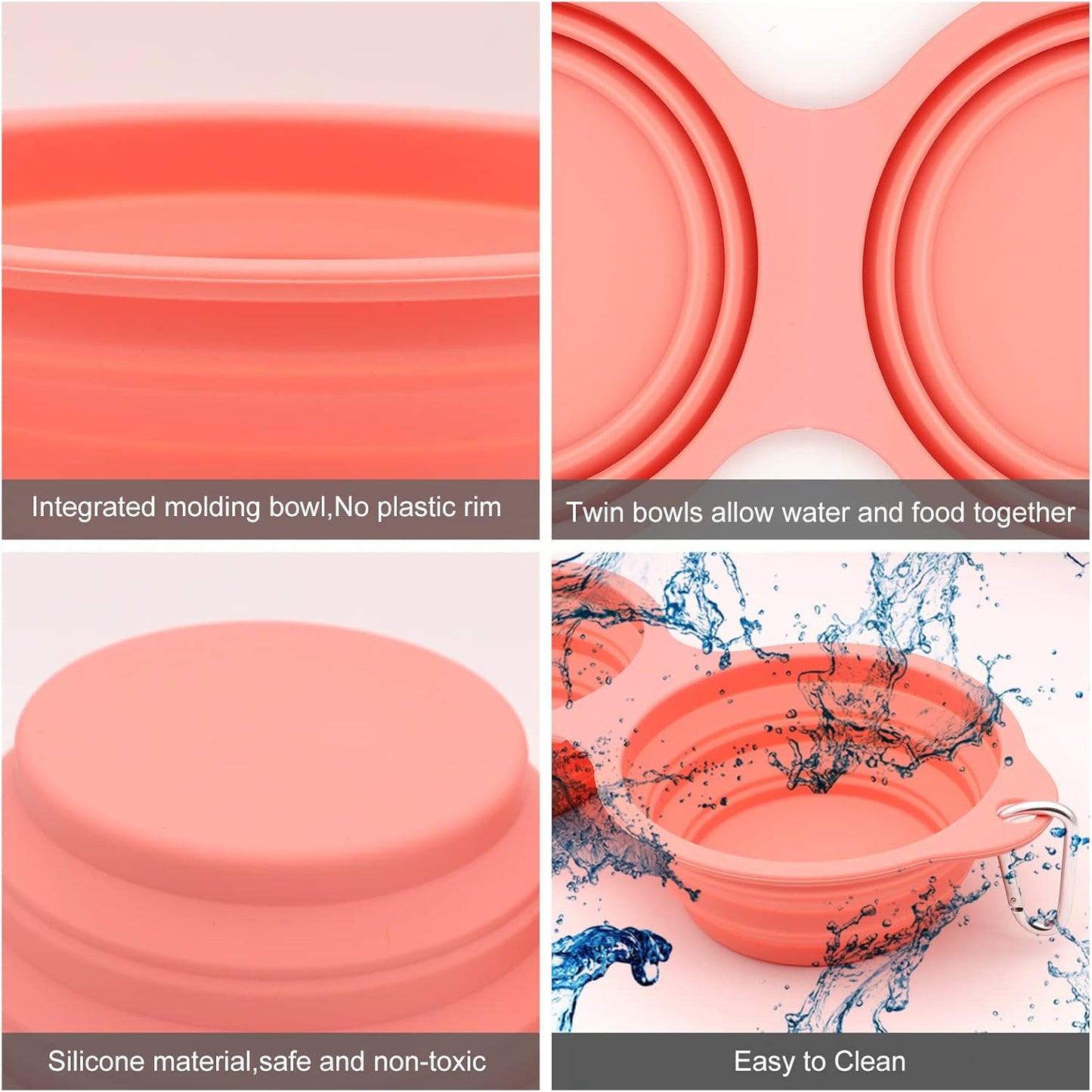 Collapsible Dog Bowls,Integrated Molding Dog Double Bowl No Plastic Rim 2 in 1 Foldable Pet Food & Water Bowl Cat Feeder Dish for Walking,Hiking,Camping (Coral Pink)