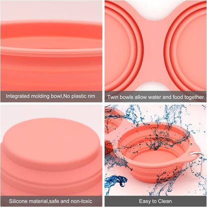 Collapsible Dog Bowls,Integrated Molding Dog Double Bowl No Plastic Rim 2 in 1 Foldable Pet Food & Water Bowl Cat Feeder Dish for Walking,Hiking,Camping (Coral Pink)