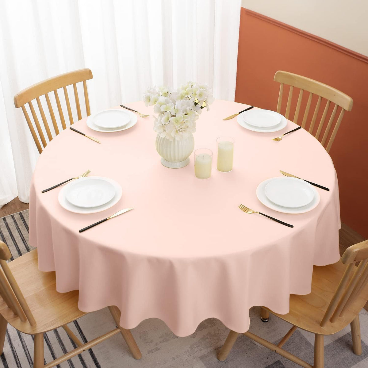 Round Tablecloth, Waterproof & Stain Resistant Table Cloth Wrinkle Free Fabric Washable 210GSM Polyester Table Cover for Spring/Party/Outdoor - 120 inch,Pink