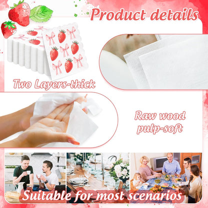 JarThenaAMCS 100Pcs Pink Bow Strawberry Paper Napkins Scalloped Edge Disposable Napkins Bowknot Fruit Luncheon Dinner Napkin for Wedding Birthday Party Table Supplies