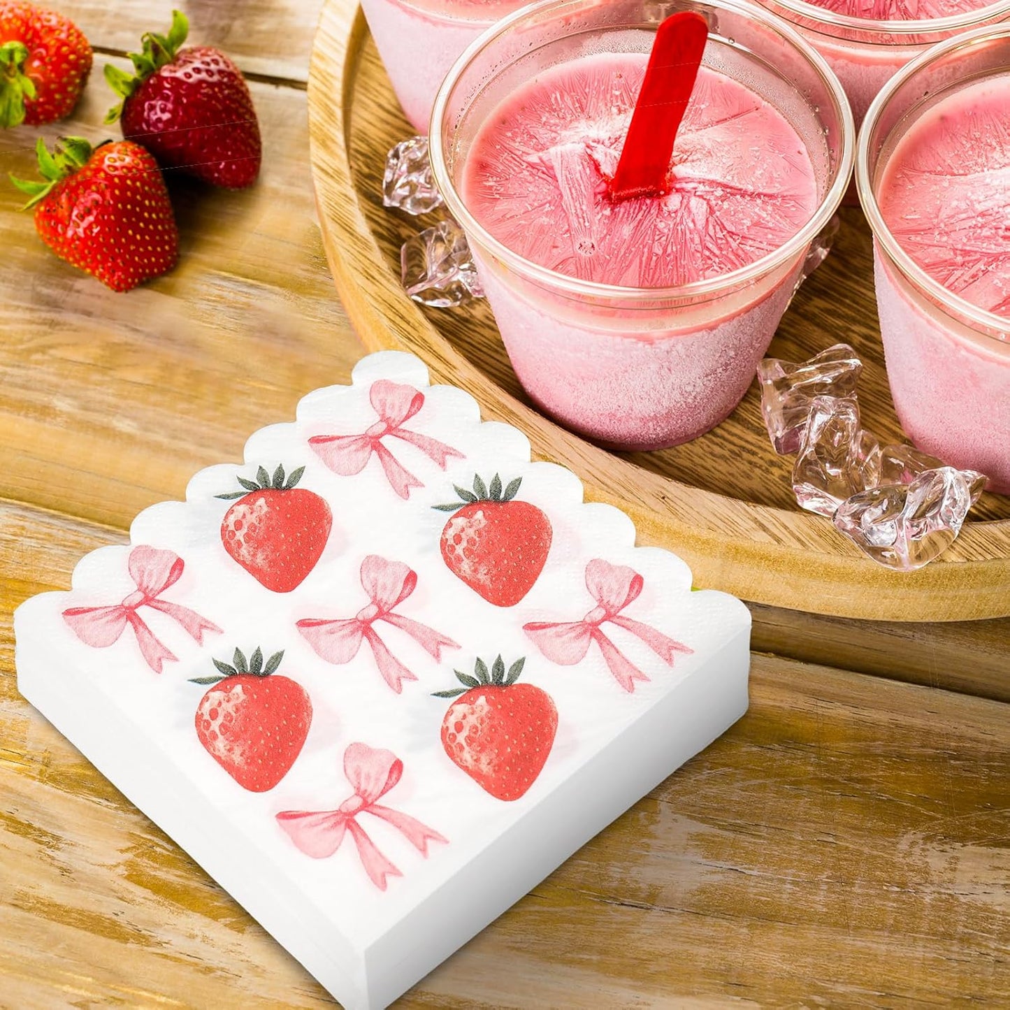 JarThenaAMCS 100Pcs Pink Bow Strawberry Paper Napkins Scalloped Edge Disposable Napkins Bowknot Fruit Luncheon Dinner Napkin for Wedding Birthday Party Table Supplies