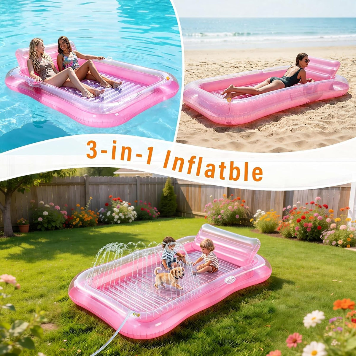 Inflatable Tanning Pool Lounger Float with Sprinkler, Blow Up Tanning Bed