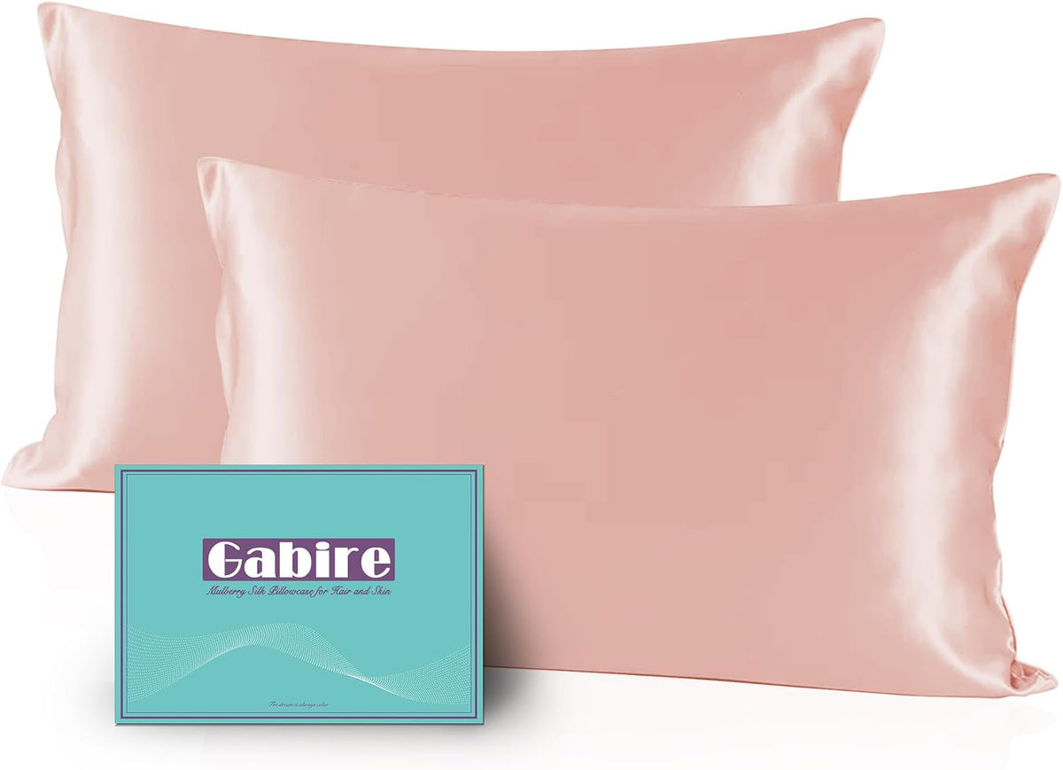 Gabire Set of 2, Both Sides Real Silk Pillowcase for Hair and Skin Prevent Acne Organic Silk Pillow Cases 2 Pack with Hidden Zipper, Coral Pink, Standard (20"×26")