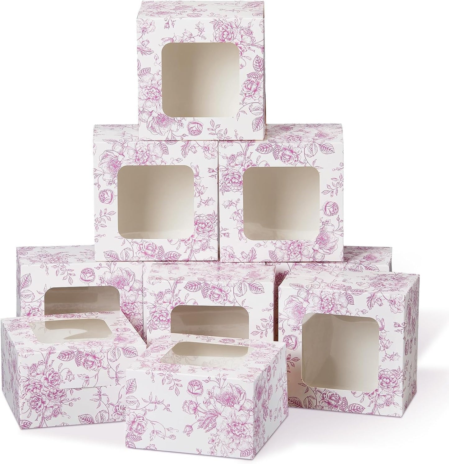50 Pack Pink Floral Cookie Boxes with Window, Chinoiserie Small Bakery Treat Boxes for Pastry Donuts Macaroon Cupcakes, Wedding Bridal Shower Birthday Tea Party Baby Shower Favors