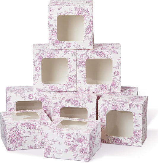 50 Pack Pink Floral Cookie Boxes with Window, Chinoiserie Small Bakery Treat Boxes for Pastry Donuts Macaroon Cupcakes, Wedding Bridal Shower Birthday Tea Party Baby Shower Favors