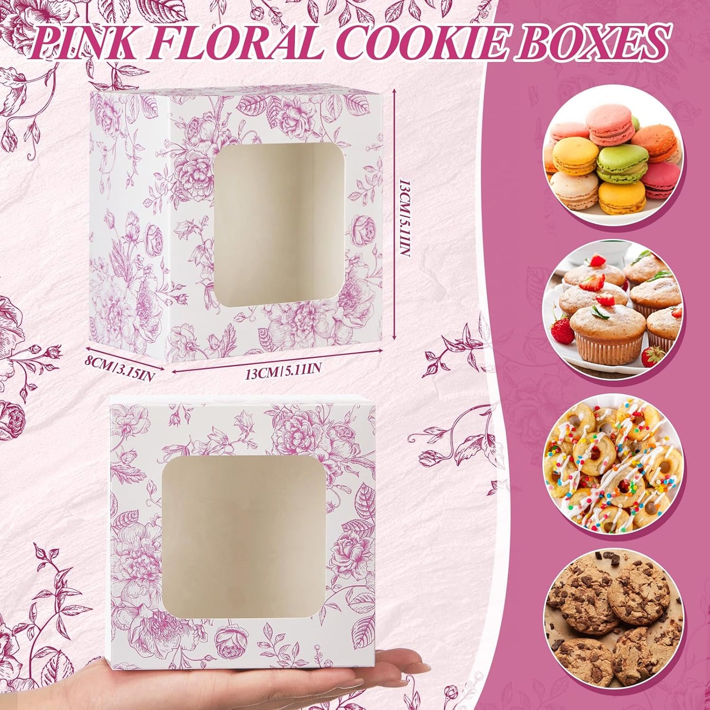 50 Pack Pink Floral Cookie Boxes with Window, Chinoiserie Small Bakery Treat Boxes for Pastry Donuts Macaroon Cupcakes, Wedding Bridal Shower Birthday Tea Party Baby Shower Favors