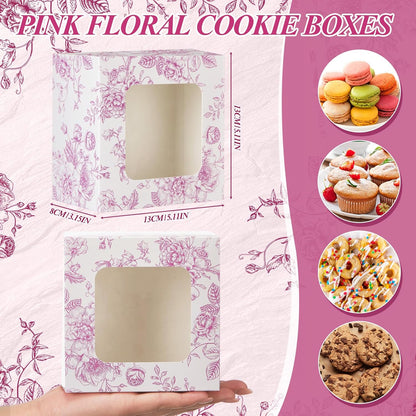 50 Pack Pink Floral Cookie Boxes with Window, Chinoiserie Small Bakery Treat Boxes for Pastry Donuts Macaroon Cupcakes, Wedding Bridal Shower Birthday Tea Party Baby Shower Favors